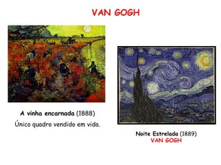 VAN GOGH




 A vinha encarnada (1888)
Único quadro vendido em vida.
                                 Noite Estrelada (1889)
                                      VAN GOGH
 