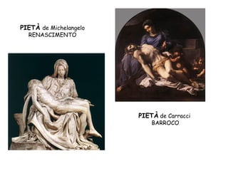 PIETÀ de Michelangelo
  RENASCIMENTO




                        PIETÀ de Carracci
                            BARROCO
 