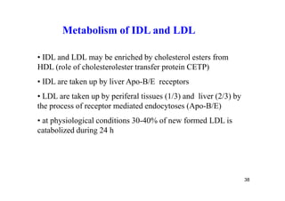 Metabolism of IDL and LDL

• IDL and LDL may be enriched by cholesterol esters from
HDL (role of cholesterolester transfer protein CETP)
• IDL are taken up by liver Apo-B/E receptors
• LDL are taken up by periferal tissues (1/3) and liver (2/3) by
the process of receptor mediated endocytoses (Apo-B/E)
• at physiological conditions 30-40% of new formed LDL is
catabolized during 24 h




                                                                   38
 