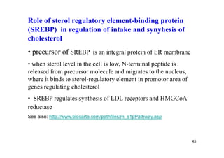 Role of sterol regulatory element-binding protein
(SREBP) in regulation of intake and synyhesis of
cholesterol
• precursor of SREBP is an integral protein of ER membrane
• when sterol level in the cell is low, N-terminal peptide is
released from precursor molecule and migrates to the nucleus,
where it binds to sterol-regulatory element in promotor area of
genes regulating cholesterol
• SREBP regulates synthesis of LDL receptors and HMGCoA
reductase
See also: http://www.biocarta.com/pathfiles/m_s1pPathway.asp




                                                                  45
 