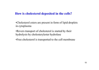 How is cholesterol deposited in the cells?

•Cholesterol esters are present in form of lipid droplets
in cytoplasma
•Revers transport of cholesterol is started by their
hydrolysis by cholesterylester hydrolase
•Free cholesterol is transported to the cell membrane




                                                            53
 