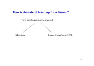 How is cholesterol taken up from tissues ?

      Two mechanism are expected




 difussion                  formation of new HDL




                                                   54
 
