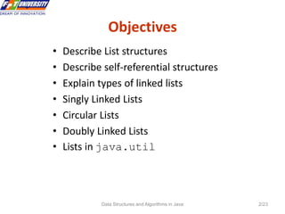 Data Structures and Algorithms in Java 2/23
Objectives
2
• Describe List structures
• Describe self-referential structures
• Explain types of linked lists
• Singly Linked Lists
• Circular Lists
• Doubly Linked Lists
• Lists in java.util
 