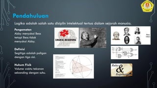 Logika adalah salah satu disiplin intelektual tertua dalam sejarah manusia.
Pendahuluan
Pengamatan
Abby menyukai Bess
tetapi Bess tidak
menyukai Abby.
Definisi
Segitiga adalah poligon
dengan tiga sisi.
Hukum Fisik
Volume waktu tekanan
sebanding dengan suhu.
 