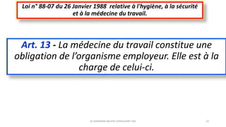 Art. 13 - La médecine du travail constitue une
obligation de l’organisme employeur. Elle est à la
charge de celui-ci.
Loi n° 88-07 du 26 Janvier 1988 relative à l'hygiène, à la sécurité
et à la médecine du travail.
M.HAMMANI BACHIR CONSULTANT HSE 23
 