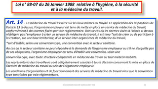 Art. 14 - La médecine du travail s’exerce sur les lieux mêmes du travail. En application des dispositions de
l’article 13 ci-dessus, l’organisme employeur est tenu de mette en place un service de médecine du travail,
conformément à des normes fixées par voie réglementaire. Dans le cas où les normes visées à l’alinéa ci-dessus
n’obligent pas l’employeur à créer un service de médecine du travail, il est tenu *soit de créer ou de participer à
la création, sur une base territoriale, d’un service inter-organismes de médecine du travail,
*soit d’établir, selon une convention type, une convention avec le secteur sanitaire.
Au cas où le secteur sanitaire ne peut répondre à la demande de l’organisme employeur ou s’il ne s’acquitte pas
de ses obligations, l’organisme employeur est tenu d’établir une convention, selon une
convention type, avec toute structure compétente en médecine du travail ou tout médecin habilité.
Les représentants des travailleurs sont obligatoirement associés à toute décision concernant la mise en place de
l’activité de médecine du travail au sein de l’organisme employeur.
Les conditions d’organisation et de fonctionnement des services de médecine du travail ainsi que la convention
type sont fixées par voie réglementaire.
Loi n° 88-07 du 26 Janvier 1988 relative à l'hygiène, à la sécurité
et à la médecine du travail.
M.HAMMANI BACHIR CONSULTANT HSE 24
 