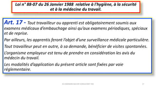 Art. 17 - Tout travailleur ou apprenti est obligatoirement soumis aux
examens médicaux d’embauchage ainsi qu’aux examens périodiques, spéciaux
et de reprise.
Par ailleurs, les apprentis feront l’objet d’une surveillance médicale particulière.
Tout travailleur peut en outre, à sa demande, bénéficier de visites spontanées.
L’organisme employeur est tenu de prendre en considération les avis du
médecin du travail.
Les modalités d’application du présent article sont fixées par voie
réglementaire.
Loi n° 88-07 du 26 Janvier 1988 relative à l'hygiène, à la sécurité
et à la médecine du travail.
M.HAMMANI BACHIR CONSULTANT HSE 27
 
