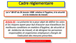 Cadre réglementaire
Loi n° 88-07 du 26 Janvier 1988 relative à l'hygiène, à la sécurité
et à la médecine du travail.
Article 01 : La présente loi a pour objet de définir les voies
et les moyens ayant pour but d'assurer aux travailleurs les
meilleures conditions en matière d'hygiène, de sécurité et
de médecine du travail, et de désigner les personnes
responsables et organismes employeurs chargés de
l'exécution des mesures prescrites.
M.HAMMANI BACHIR CONSULTANT HSE 3
 