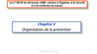 Chapitre V
Organisation de la prévention
Loi n° 88-07 du 26 Janvier 1988 relative à l'hygiène, à la sécurité
et à la médecine du travail.
M.HAMMANI BACHIR CONSULTANT HSE 34
 