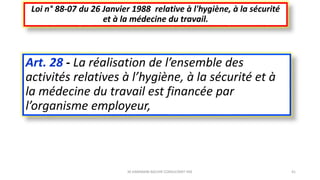 Art. 28 - La réalisation de l’ensemble des
activités relatives à l’hygiène, à la sécurité et à
la médecine du travail est financée par
l’organisme employeur,
Loi n° 88-07 du 26 Janvier 1988 relative à l'hygiène, à la sécurité
et à la médecine du travail.
M.HAMMANI BACHIR CONSULTANT HSE 41
 