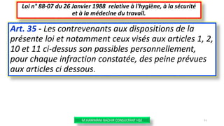 Art. 35 - Les contrevenants aux dispositions de la
présente loi et notamment ceux visés aux articles 1, 2,
10 et 11 ci-dessus son passibles personnellement,
pour chaque infraction constatée, des peine prévues
aux articles ci dessous.
Loi n° 88-07 du 26 Janvier 1988 relative à l'hygiène, à la sécurité
et à la médecine du travail.
M.HAMMANI BACHIR CONSULTANT HSE 51
 