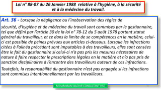 Art. 36 - Lorsque la négligence ou l’inobservation des règles de
sécurité, d’hygiène et de médecine du travail sont commises par le gestionnaire,
tel que défini par l’article 30 de la loi n° 78-12 du 5 août 1978 portant statut
général du travailleur, et ce dans la limite de se compétences en la matière, celui-
ci est passible de peines prévues aux articles ci-dessous. Lorsque les infractions
citées à l’alinéa précédent sont imputables à des travailleurs, elles sont censées
être le fait du gestionnaire si celui-ci n’a pas pris les mesures nécessaires de
nature à faire respecter le prescriptions légales en la matière et n’a pas pris de
sanction disciplinaires à l’encontre des travailleurs auteurs de ces infractions.
Toutefois, la responsabilité du gestionnaire n’est pas engagée si les infractions
sont commises intentionnellement par les travailleurs.
Loi n° 88-07 du 26 Janvier 1988 relative à l'hygiène, à la sécurité
et à la médecine du travail.
M.HAMMANI BACHIR CONSULTANT HSE 52
 
