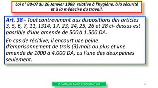 Art. 38 - Tout contrevenant aux dispositions des articles
3, 5, 6, 7, 11, 1314, 17, 23, 24, 25, 26 et 28 ci- dessus est
passible d’une amende de 500 à 1.500 DA.
En cas de récidive, il encourt une peine
d’emprisonnement de trois (3) mois au plus et une
amende de 1000 à 4.000 DA, ou l’une des deux peines
seulement.
Loi n° 88-07 du 26 Janvier 1988 relative à l'hygiène, à la sécurité
et à la médecine du travail.
M.HAMMANI BACHIR CONSULTANT HSE 54
 