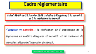 Cadre réglementaire
Loi n° 88-07 du 26 Janvier 1988 relative à l'hygiène, à la sécurité
et à la médecine du travail.
Chapitre V: Contrôle : la vérification de l’ application de la
législation en matière d’hygiène et sécurité et de médecine de
travail est dévolu à l’inspection de travail .
M.HAMMANI BACHIR CONSULTANT HSE 8
 