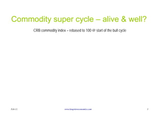 Commodity super cycle – alive & well?
         CRB commodity index – rebased to 100 @ start of the bull cycle




Feb-11                       www.longvieweconomics.com                    3
 