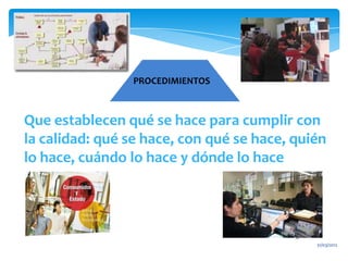 PROCEDIMIENTOS



Que establecen qué se hace para cumplir con
la calidad: qué se hace, con qué se hace, quién
lo hace, cuándo lo hace y dónde lo hace



                                          8
                                              31/03/2012
 