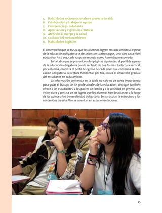 5.	 Habilidades socioemocionales y proyecto de vida
6.	 Colaboración y trabajo en equipo
7.	 Convivencia y ciudadanía
8.	 Apreciación y expresión artísticas
9.	 Atención al cuerpo y la salud
10.	 Cuidado del medioambiente
11.	 Habilidades digitales
El desempeño que se busca que los alumnos logren en cada ámbito al egreso
de la educación obligatoria se describe con cuatro rasgos, uno para cada nivel
educativo. A su vez, cada rasgo se enuncia como Aprendizaje esperado.
En la tabla que se presenta en las páginas siguientes, el perfil de egreso
de la educación obligatoria puede ser leído de dos formas. La lectura vertical,
por columna, muestra el perfil de egreso de cada nivel que conforma la edu-
cación obligatoria; la lectura horizontal, por fila, indica el desarrollo gradual
del estudiante en cada ámbito.
La información contenida en la tabla no solo es de suma importancia
para guiar el trabajo de los profesionales de la educación, sino que también
ofrece a los estudiantes, a los padres de familia y a la sociedad en general una
visión clara y concisa de los logros que los alumnos han de alcanzar a lo largo
de los quince años de escolaridad obligatoria. En particular, la estructura y los
contenidos de este Plan se asientan en estas orientaciones.
25
 