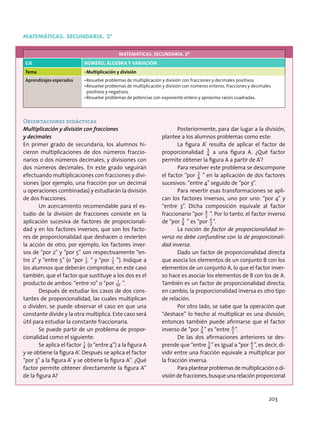 MATEMÁTICAS. SECUNDARIA. 2º
MATEMÁTICAS. SECUNDARIA. 2º
EJE NÚMERO, ÁLGEBRA Y VARIACIÓN
Tema •	Multiplicación y división
Aprendizajes esperados •	Resuelve problemas de multiplicación y división con fracciones y decimales positivos.
•	Resuelve problemas de multiplicación y división con números enteros, fracciones y decimales
positivos y negativos.
•	Resuelve problemas de potencias con exponente entero y aproxima raíces cuadradas.
Orientaciones didácticas
Multiplicación y división con fracciones
y decimales
En primer grado de secundaria, los alumnos hi-
cieron multiplicaciones de dos números fraccio-
narios o dos números decimales, y divisiones con
dos números decimales. En este grado seguirán
efectuando multiplicaciones con fracciones y divi-
siones (por ejemplo, una fracción por un decimal
u operaciones combinadas) y estudiarán la división
de dos fracciones.
Un acercamiento recomendable para el es-
tudio de la división de fracciones consiste en la
aplicación sucesiva de factores de proporcionali-
dad y en los factores inversos, que son los facto-
res de proporcionalidad que deshacen o revierten
la acción de otro, por ejemplo, los factores inver-
sos de “por 2” y “por 5” son respectivamente “en-
tre 2” y “entre 5” (o “por 2
1
” y “por 5
1
”). Indique a
los alumnos que deberán comprobar, en este caso
también, que el factor que sustituye a los dos es el
producto de ambos: “entre 10” o “por 10
1
”.
Después de estudiar los casos de dos cons-
tantes de proporcionalidad, las cuales multiplican
o dividen, se puede observar el caso en que una
constante divide y la otra multiplica. Este caso será
útil para estudiar la constante fraccionaria.
Se puede partir de un problema de propor-
cionalidad como el siguiente:
Se aplica el factor 4
1
(o “entre 4”) a la figura A
y se obtiene la figura A’. Después se aplica el factor
“por 3” a la figura A’ y se obtiene la figura A’’. ¿Qué
factor permite obtener directamente la figura A’’
de la figura A?
Posteriormente, para dar lugar a la división,
plantee a los alumnos problemas como este:
La figura A’ resulta de aplicar el factor de
proporcionalidad 4
3
a una figura A. ¿Qué factor
permite obtener la figura A a partir de A’?
Para resolver este problema se descompone
el factor “por 4
3
” en la aplicación de dos factores
sucesivos: “entre 4” seguido de “por 3”.
Para revertir esas transformaciones se apli-
can los factores inversos, uno por uno: “por 4” y
“entre 3”. Dicha composición equivale al factor
fraccionario “por 3
4
”. Por lo tanto, el factor inverso
de “por 4
3
” es “por 3
4
”.
La noción de factor de proporcionalidad in-
verso no debe confundirse con la de proporcionali-
dad inversa.
Dado un factor de proporcionalidad directa
que asocia los elementos de un conjunto B con los
elementos de un conjunto A, lo que el factor inver-
so hace es asociar los elementos de B con los de A.
También es un factor de proporcionalidad directa;
en cambio, la proporcionalidad inversa es otro tipo
de relación.
Por otro lado, se sabe que la operación que
“deshace” lo hecho al multiplicar es una división,
entonces también puede afirmarse que el factor
inverso de “por 4
3
” es “entre 3
4
”.
De las dos afirmaciones anteriores se des-
prende que “entre 4
3
” es igual a “por 3
4
”, es decir, di-
vidir entre una fracción equivale a multiplicar por
la fracción inversa.
Para plantear problemas de multiplicación o di-
visióndefracciones,busqueunarelaciónproporcional
203
 