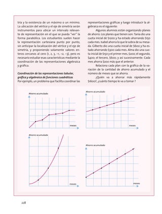 tría y la existencia de un máximo o un mínimo.
La ubicación del vértice y el eje de simetría serán
instrumentos para ubicar un intervalo relevan-
te de representación en el que se pueda “ver” la
forma parabólica. Los estudiantes suelen hacer
la representación cartesiana punto por punto,
sin anticipar la localización del vértice y el eje de
simetría, y proponiendo solamente valores en-
teros cercanos al cero (1, 2, 3, –1, –2, –3), pero es
necesario estudiar esas características mediante la
coordinación de las representaciones algebraica
y gráfica.
Coordinación de las representaciones tabular,
gráfica y algebraica de funciones cuadráticas
Por ejemplo, un problema que facilita coordinar las
representaciones gráficas y luego introducir la al-
gebraica es el siguiente:
Algunos alumnos están organizando planes
de ahorro. Los planes que tienen son: Tania dio una
cuota inicial de $1200 y ha estado ahorrando $150
cada mes. Isabel ahorra lo que le sobra de su mesa-
da. Gilberto dio una cuota inicial de $600 y ha es-
tado ahorrando $300 cada mes. Alma dio una cuo-
ta inicial de $150 y el primer mes, $200; el segundo,
$400; el tercero, $600; y así sucesivamente. Cada
mes ahorra $200 más que el anterior.
Relaciona cada plan con la gráfica de la va-
riación de la cantidad de ahorro acumulado y el
número de meses que se ahorra.
¿Quién va a ahorrar más rápidamente
$1600?, ¿cuánto tiempo le va a tomar ?
Ahorro acumulado
meses
Ahorro acumulado
meses meses
Ahorro acumulado
Ahorro acumulado
meses meses
Ahorro acumulado
228
 