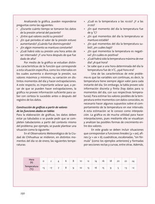 Analizando la gráfica, pueden responderse
preguntas como las siguientes:
•	 ¿Durante cuánto tiempo se tomaron los datos
de la presión arterial del paciente?
•	 ¿Entre qué valores osciló su presión?
•	 ¿En qué periodos el valor de la presión estuvo
aumentando? ¿Cuándo fue disminuyendo?
•	 ¿En algún momento se mantuvo constante?
•	 ¿Cuál habrá sido su presión una hora antes de
ser internado? ¿Y una hora después de que fue
dado de alta?
Por medio de la gráfica se estudian distin-
tas características de la función que corresponde
a esta situación específica, como los intervalos en
los cuales aumenta o disminuye la presión, sus
valores máximos y mínimos, su variación en dis-
tintos momentos del día y hacer extrapolaciones.
A este respecto, es importante aclarar que, a pe-
sar de que se pueden hacer extrapolaciones, la
gráfica no provee información suficiente para sa-
ber con certeza lo sucedido antes o después del
registro de los datos.
Construcción de gráficas a partir de valores
de las funciones dados en tablas
Para la elaboración de gráficas, los datos deben
estar ya tabulados o se puede pedir que se com-
pleten tabulaciones a partir del contexto mismo
del problema; por ejemplo, se puede plantear una
situación como la siguiente:
En el Observatorio Meteorológico de la Ciu-
dad de Chihuahua se midieron, en distintos mo-
mentos del día 10 de enero, las siguientes tempe-
raturas:
•	 ¿Cuál es la temperatura a las 10:00? ¿Y a las
21:00?
•	 ¿En qué momento del día la temperatura fue
de 9 ˚C?
•	 ¿En qué momentos del día la temperatura se
mantuvo estable?
•	 ¿En qué momentos del día la temperatura su-
bió?, ¿en cuáles bajó?
•	 ¿En qué momentos la temperatura es negati-
va? ¿En cuáles es positiva?
•	 ¿Cuál habrá sido la temperatura máxima de ese
día? ¿A qué hora?
•	 Se sabe que a una hora determinada del día la
temperatura fue de 11˚C, ¿qué hora era?
Una de las características de este proble-
ma es que las variables son continuas, es decir, la
temperatura tiene siempre algún valor para cada
instante del día. Sin embargo, la tabla provee solo
información discreta y finita (hay datos para 12
momentos del día, con sus respectivas tempera-
turas). Para estimar los valores posibles de la tem-
peratura entre momentos con datos conocidos, es
necesario hacer algunos supuestos sobre el com-
portamiento de la temperatura en ese intervalo.
A esta estimación se le conoce como interpola-
ción. La gráfica es de mucha utilidad para hacer
interpolaciones, pues mediante ella se visualizan
y analizan las posibles formas de crecimiento en-
tre dos valores.
En este grado se deben incluir situaciones
que correspondan a funciones lineales (y = ax), afi-
nes (y = ax + b), cuadráticas, escalonadas, “sin fór-
mula” (como los ejemplos anteriores) y formadas
por secciones rectas y curvas, entre otras. Además,
Hora
(h)
0 2 4 6 8 10 12 14 16 18 20 22 24
Temperatura
(°C)
–5 –7 7 8 9 10 13 16 15 9 5 –3 –2
230
 