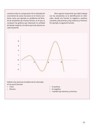 conviene tratar la comparación de la velocidad de
crecimiento de varias funciones en el mismo con-
texto, como, por ejemplo, en problemas de llena-
do de recipientes de muchas formas, en el que se
comparen las gráficas que relacionan la cantidad
de líquido respecto a la altura que este alcanza en
cada recipiente.
Otro aspecto importante que debe trabajar
con los estudiantes es la identificación en inter-
valos, donde una función es negativa o positiva,
creciente y decreciente, y hay máximos y mínimos.
Por ejemplo, la siguiente función.
4
3
2
1
0
-1
-2
2 4 6
Solicite a los alumnos el análisis de los intervalos
en los que la función:
•	 Crece.
•	 Decrece.
•	 Es positiva.
•	 Es negativa.
•	 Y donde hay máximos y mínimos.
231
 