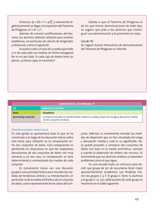 Entonces: (a + b)²= c² + 4 2
ab, y reduciendo al-
gebraicamente se llega a la expresión del Teorema
de Pitágoras: a² + b² = c².
Además de conocer justificaciones del teo-
rema, los alumnos deberán utilizarlo para resolver
problemas, en particular de cálculo de longitudes
y distancias, como el siguiente:
Se quiere cubrir un piso de un patio que mide
5 m de cada lado con losetas de forma hexagonal
de 10 cm por lado. Si cada caja de loseta tiene 50
piezas, ¿cuántas cajas se necesitan?
Debido a que el Teorema de Pitágoras es
de los que tienen demostraciones de todo tipo,
se sugiere que pida a los alumnos que investi-
guen una demostración y la presenten en clase.
Uso de TIC
Se sugiere buscar interactivos de demostraciones
del Teorema de Pitágoras en internet.
MATEMÁTICAS. SECUNDARIA. 3º
EJE ANÁLISIS DE DATOS
Tema •	Estadística
Aprendizaje esperado •	Compara la tendencia central (media, mediana y moda) y dispersión (rango y desviación media)
de dos conjuntos de datos.
Orientaciones didácticas
En este grado se aprovechará todo lo que se ha
construido a lo largo de la educación básica sobre
este tema para utilizarlo en la comparación en-
tre dos conjuntos de datos. Esta comparación es
pertinente en situaciones en que las respectivas
desviaciones de dos conjuntos de datos son muy
cercanas y, en ese caso, su comparación se hace
determinando y contrastando las medias de cada
conjunto.
Es conveniente iniciar con una discusión
grupal o una actividad lúdica para recordar las me-
didas de tendencia central y su interpretación; en
particular, la de la media aritmética de un conjunto
de datos, como representante de los datos del con-
junto. Además, es conveniente recordar las medi-
das de dispersión que se han estudiado (el rango
y desviación media) y cuál es su significado. Así,
se puede proceder a comparar dos conjuntos de
datos con base en la media aritmética, siempre
y cuando la dispersión de ambos sea cercana. Se
recomienda que sus alumnos analicen y respondan
problemas como el que sigue:
En una escuela hubo un concurso para de-
cidir qué grupo de 3er de secundaria tiene mejor
aprovechamiento académico. Los finalistas fue-
ron los grupos C y F. El grupo C tiene 15 alumnos
y el grupo F, 12. Las calificaciones de cada grupo se
muestran en la tabla siguiente:
237
 