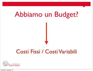 Abbiamo un Budget?

Costi Fissi / Costi Variabili

mercoledì 16 gennaio 13

 