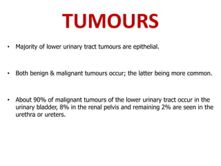 TUMOURS
• Majority of lower urinary tract tumours are epithelial.
• Both benign & malignant tumours occur; the latter being more common.
• About 90% of malignant tumours of the lower urinary tract occur in the
urinary bladder, 8% in the renal pelvis and remaining 2% are seen in the
urethra or ureters.
 