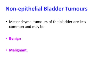 Non-epithelial Bladder Tumours
• Mesenchymal tumours of the bladder are less
common and may be
• Benign
• Malignant.
 