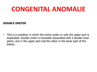 CONGENITAL ANOMALIE
DOUBLE URETER
• This is a condition in which the entire ureter or only the upper part is
duplicated. Double ureter is invariably associated with a double renal
pelvis, one in the upper part and the other in the lower part of the
kidney
 