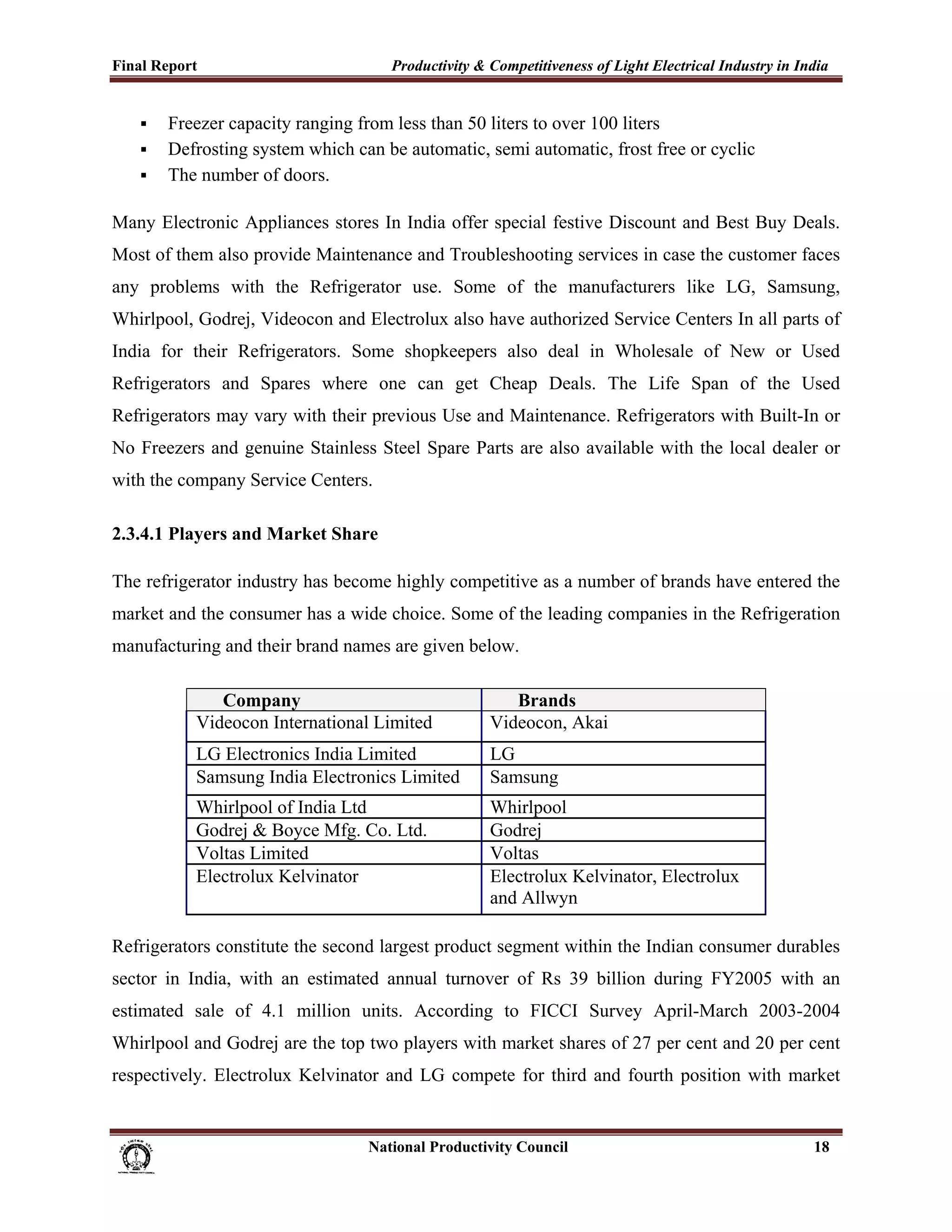 Final Report                                                 Productivity & Competitiveness of Light Electrical Industry in India
 
             Freezer capacity ranging from less than 50 liters to over 100 liters
             Defrosting system which can be automatic, semi automatic, frost free or cyclic
             The number of doors.

Many Electronic Appliances stores In India offer special festive Discount and Best Buy Deals.
Most of them also provide Maintenance and Troubleshooting services in case the customer faces
any problems with the Refrigerator use. Some of the manufacturers like LG, Samsung,
Whirlpool, Godrej, Videocon and Electrolux also have authorized Service Centers In all parts of
India for their Refrigerators. Some shopkeepers also deal in Wholesale of New or Used
Refrigerators and Spares where one can get Cheap Deals. The Life Span of the Used
Refrigerators may vary with their previous Use and Maintenance. Refrigerators with Built-In or
No Freezers and genuine Stainless Steel Spare Parts are also available with the local dealer or
with the company Service Centers.

2.3.4.1 Players and Market Share

The refrigerator industry has become highly competitive as a number of brands have entered the
market and the consumer has a wide choice. Some of the leading companies in the Refrigeration
manufacturing and their brand names are given below.

                      Company                                                        Brands
                   Videocon International Limited                                 Videocon, Akai
                   LG Electronics India Limited                                   LG
                   Samsung India Electronics Limited                              Samsung
                   Whirlpool of India Ltd                                         Whirlpool
                   Godrej & Boyce Mfg. Co. Ltd.                                   Godrej
                   Voltas Limited                                                 Voltas
                   Electrolux Kelvinator                                          Electrolux Kelvinator, Electrolux
                                                                                  and Allwyn

Refrigerators constitute the second largest product segment within the Indian consumer durables
sector in India, with an estimated annual turnover of Rs 39 billion during FY2005 with an
estimated sale of 4.1 million units. According to FICCI Survey April-March 2003-2004
Whirlpool and Godrej are the top two players with market shares of 27 per cent and 20 per cent
respectively. Electrolux Kelvinator and LG compete for third and fourth position with market


                                                                      National Productivity Council                           18
 
 