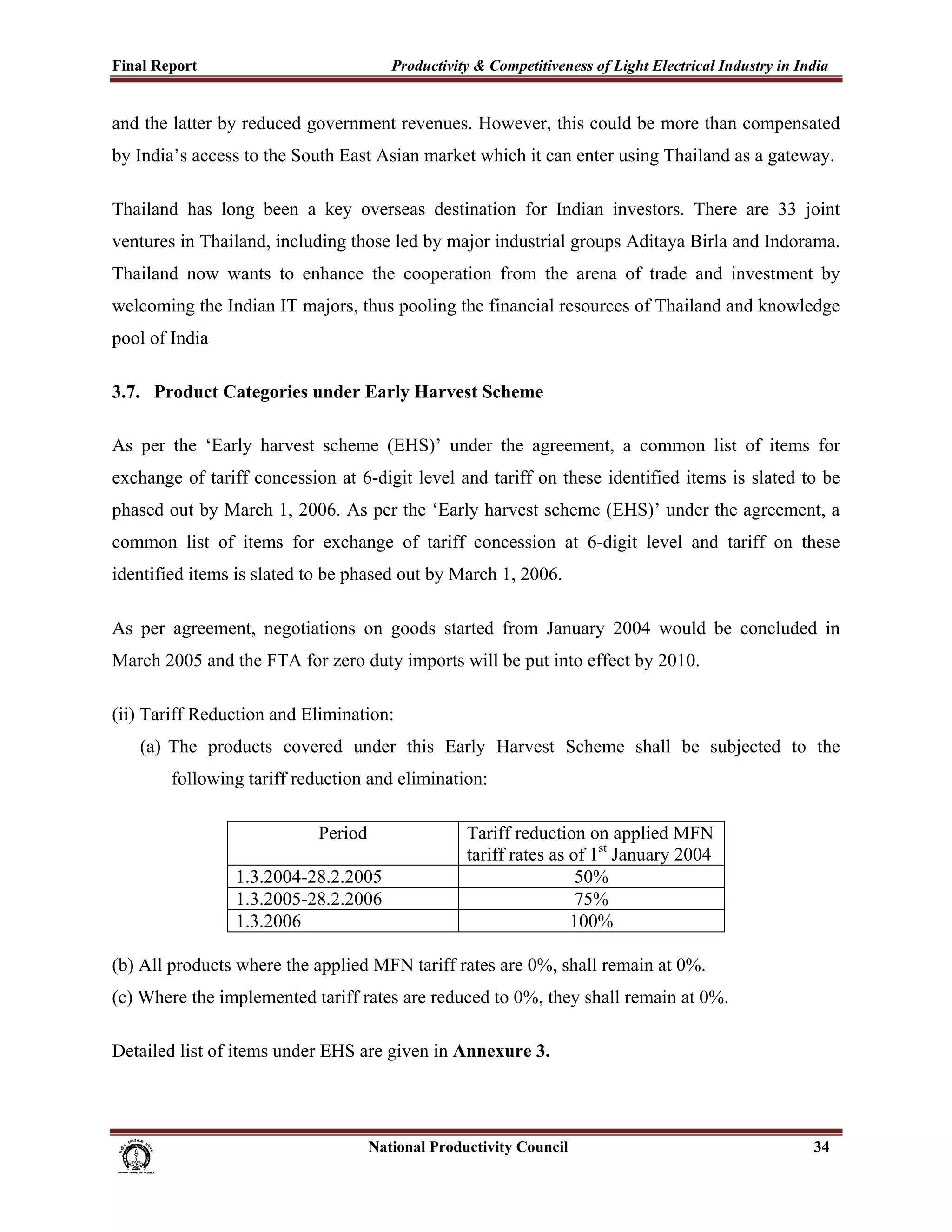 Final Report                                                 Productivity & Competitiveness of Light Electrical Industry in India
 
and the latter by reduced government revenues. However, this could be more than compensated
by India’s access to the South East Asian market which it can enter using Thailand as a gateway.

Thailand has long been a key overseas destination for Indian investors. There are 33 joint
ventures in Thailand, including those led by major industrial groups Aditaya Birla and Indorama.
Thailand now wants to enhance the cooperation from the arena of trade and investment by
welcoming the Indian IT majors, thus pooling the financial resources of Thailand and knowledge
pool of India

3.7. Product Categories under Early Harvest Scheme

As per the ‘Early harvest scheme (EHS)’ under the agreement, a common list of items for
exchange of tariff concession at 6-digit level and tariff on these identified items is slated to be
phased out by March 1, 2006. As per the ‘Early harvest scheme (EHS)’ under the agreement, a
common list of items for exchange of tariff concession at 6-digit level and tariff on these
identified items is slated to be phased out by March 1, 2006.

As per agreement, negotiations on goods started from January 2004 would be concluded in
March 2005 and the FTA for zero duty imports will be put into effect by 2010.

(ii) Tariff Reduction and Elimination:
       (a) The products covered under this Early Harvest Scheme shall be subjected to the
              following tariff reduction and elimination:

                                             Period                          Tariff reduction on applied MFN
                                                                             tariff rates as of 1st January 2004
                            1.3.2004-28.2.2005                                                50%
                            1.3.2005-28.2.2006                                                75%
                            1.3.2006                                                         100%

(b) All products where the applied MFN tariff rates are 0%, shall remain at 0%.
(c) Where the implemented tariff rates are reduced to 0%, they shall remain at 0%.

Detailed list of items under EHS are given in Annexure 3.




                                                                      National Productivity Council                           34
 
 