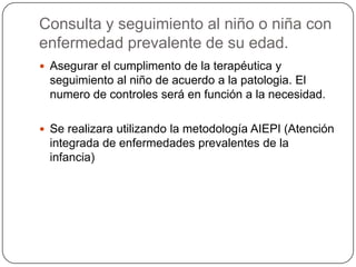 Consejería nutricionalBrindada por personal de salud a las madres, padres y/o tutores para niños y niñas con problemas de alimentación y/o nutrición, priorizando la LME durante los primeros 6 meses de vida, alimentación complementaria + LME hasta los 24 meses y suplementación de micronutrientes (FE, Vit A, otros).Llevada a cabo en la consulta externa según de guía de práctica clínica correspondiente. 