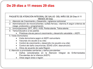 Atención integrada de enfermedades prevalentes de la infancia (AIEPI)Promovida por la OMS/OPS y UNICEF, para disminuir enfermedad y muerte por enfermedades prevalentes en la infancia. La evaluación es llevada a cabo en los establecimientos mediante la evaluación AIEPI, que incluye:Verificar signos de peligro.Valoración y monitoreo de estado nutricional (percentiles)Evaluación de la alimentación.Verificar el cumplimiento del esquema de vacunación.Detectar factores de riesgo ( transmisión vertical VIH, sífilis, HBV, violencia intrafamiliar, maltrato infantil, abuso, otros)Detectar malformaciones congénitas y discapacidades.Tamizaje de intox. por plomo, anemia, parasitosis y otros