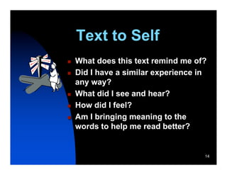 Text to Self
   What does this text remind me of?
   Did I have a similar experience in
    any way?
   What did I see and hear?
   How did I feel?
   Am I bringing meaning to the
    words to help me read better?


                                     14
 