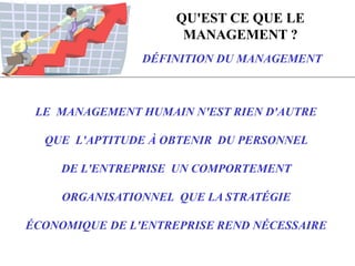 QU'EST CE QUE LE
MANAGEMENT ?
DÉFINITION DU MANAGEMENT
LE MANAGEMENT HUMAIN N'EST RIEN D'AUTRE
QUE L'APTITUDE À OBTENIR DU PERSONNEL
DE L'ENTREPRISE UN COMPORTEMENT
ORGANISATIONNEL QUE LA STRATÉGIE
ÉCONOMIQUE DE L'ENTREPRISE REND NÉCESSAIRE
 