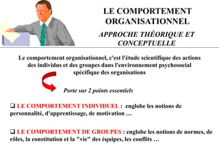 LE COMPORTEMENT
ORGANISATIONNEL
APPROCHE THÉORIQUE ET
CONCEPTUELLE
Le comportement organisationnel, c'est l'étude scientifique des actions
des individus et des groupes dans l'environnement psychosocial
spécifique des organisations
Porte sur 2 points essentiels
 LE COMPORTEMENT INDIVIDUEL : englobe les notions de
personnalité, d'apprentissage, de motivation …
 LE COMPORTEMENT DE GROUPES : englobe les notions de normes, de
rôles, la constitution et la "vie" des équipes, les conflits …
 