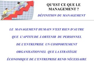 QU'EST CE QUE LE
MANAGEMENT ?
DÉFINITION DU MANAGEMENT
LE MANAGEMENT HUMAIN N'EST RIEN D'AUTRE
QUE L'APTITUDE À OBTENIR DU PERSONNEL
DE L'ENTREPRISE UN COMPORTEMENT
ORGANISATIONNEL QUE LA STRATÉGIE
ÉCONOMIQUE DE L'ENTREPRISE REND NÉCESSAIRE
 