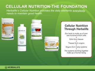 15
CELLULAR NUTRITION-THE FOUNDATION
Herbalife’s Cellular Nutrition provides the daily elements everybody
needs to maintain good health.
 