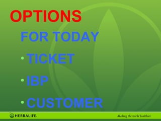 39
OPTIONS
FOR TODAY
• TICKET
• IBP
• CUSTOMER
 