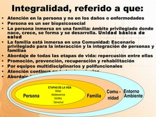 Integralidad, referido a que:
• Atención en la persona y no en los daños o enfermedades
• Persona es un ser biopsicosocial
• La persona inmersa en una familia: ámbito privilegiado donde
  nace, crece, se forma y se desarrolla. Unidad básica de
  salud
• La familia está inmersa en una Comunidad: Escenario
  privilegiado para la interacción y la integración de personas y
  familias
• Abordaje de todas las etapas de vida: repercusión entre ellas
• Promoción, prevención, recuperación y rehabilitación
• Por equipos multidisciplinarios y polifuncionales
• Atención continua en todos los niveles
• Abordaje intersectorial

                   CICLOS DE VIDA
                   ETAPAS DE LA VIDA
                          Niñez
                          Niñ @                  Comu - Entorno
         Persona      Adolescente
                      Adolescencia
                        Adultez
                        Adult@
                                       Familia   nidad Ambiente
                     Adult@ Mayor
                        Senectud
 