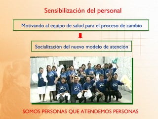 Sensibilización del personal

Motivando al equipo de salud para el proceso de cambio


      Socialización del nuevo modelo de atención




SOMOS PERSONAS QUE ATENDEMOS PERSONAS
 