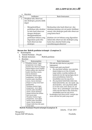 c. Kisi-kisi
No. Indikator Butir Instrumen
1. Disajikan teks observasi
dan deskripsi, peserta didik
dapat
- Mengidentifikasi
perbedaan teks struktur
isi teks hasil observasi
dengan deskripsi
- Mengidentifikasin
perbedaan bahasa yang
digunakan pada teks
hasil observasi dan
deskripsi
Berdasarkan teks hasil observasi dan
deskripsi jelaskan ciri-ciri judul, klsifikasi
umum, dan deskripsi pada teks observasi
yang kamu baca!
Jelaskan ciri-ciri bahasa yang digunakan
dalam teks observasi dan deskripsi yang
kamu baca disertai bukti yang
mendukung jawabanmu!
Bacaan dan Rubrik penilaian terlampir (Lampiran 2)
4. Keterampilan
a. Teknik Penilaian : Proyek
b. Bentuk Instrumen : Rubrik penilaian
c. Kisi-kisi
No. Keterampilan Butir Instrumen
1. Disajikan ilustrasi tugas
pengamatan siswa dapat
menulis teks observasi dengan
bagian-bagian secara lengkap
sesuai struktur teks observasi
(judul, klasifikasi umum,
rincian deskripsi)
Disajikan ilustrasi tugas
pengamatan siswa dapat
menulis judul, klasifikasi
umum, rincian deskripsi
dengan isi yang sesuai hasil
pengamatan
Disajikan ilustrasi tugas
pengamatan siswa dapat
menulis judul, klasifikasi
umum, rincian deskripsi
dengan kalimat dan pilihan
kata secara tepat
Disajikan ilustrasi tugas
pengamatan siswa dapat
menulis judul, klasifikasi
umum, rincian deskripsi
dengan tanda baca dan ejaan
secara tepat
1. Pilih salah satu objek observasi yang ada di
lingkunganmu!
2. Tentukan aspek-aspek yang diamati!
a. Jika yang diamati tumbuhan unsur yang harus
diamati meliputi (a) ciri fisik, (b) kondisi
tempat tumbuh, (c) perilaku tumbuhan, (d)
karakteristik rinci dari tiap-tiap bagian, dan (e)
proses pertumbuhannya. Kalian bisa
menambahkan unsur lain yang relevan.
b. Jika yang diamati benda-benda cindera mata,
benda tradisional khas, atau situs sejarah yang
ada di daerahmu, unsur yang diamati adalah
(a) ciri fisik (warna, motif, ukuran), (b) asal
muasal, dan (c) perkembangan/ variasi bentuk
cindera mata dari tahun ke tahun. Kalian bisa
menambahkan unsur lain yang relevan.
3. Kembangkan hasil observasimu menjadi teks
secara utuh dan beri judul yang sesuai!
Rubrik Penilaian Proyek terlampir (Lampiran 3)
Jakarta, 17 Juli 2013
Mengetahui
Kepala SMP 229 Jakarta, Pendidik,
HO-3c/RPP-KUR-2013-40
 