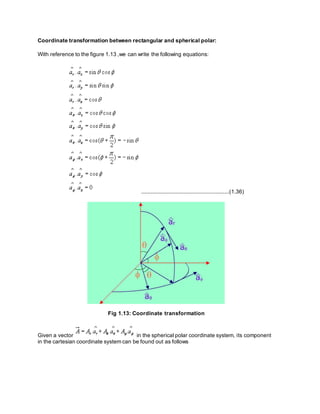 Coordinate transformation between rectangular and spherical polar:
With reference to the figure 1.13 ,we can write the following equations:
........................................................(1.36)
Fig 1.13: Coordinate transformation
Given a vector in the spherical polar coordinate system, its component
in the cartesian coordinate system can be found out as follows
 