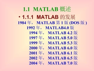 1.1  MATLAB 概述 1.1.1  MATLAB 的发展   1984 年， MATLAB 第 1 版 (DOS 版 )   1992 年， MATLAB4.0 版   1994 年， MATLAB 4.2 版   1997 年， MATLAB 5.0 版   1999 年， MATLAB 5.3 版   2000 年， MATLAB 6.0 版   2001 年， MATLAB 6.1 版   2002 年， MATLAB 6.5 版   2004 年， MATLAB 7.0 版 