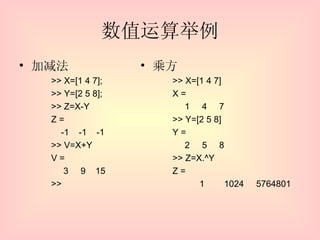 数值运算举例 加减法 >> X=[1 4 7]; >> Y=[2 5 8]; >> Z=X-Y Z = -1  -1  -1 >> V=X+Y V = 3  9  15 >> 乘方 >> X=[1 4 7] X = 1  4  7 >> Y=[2 5 8] Y = 2  5  8 >> Z=X.^Y Z = 1  1024  5764801 