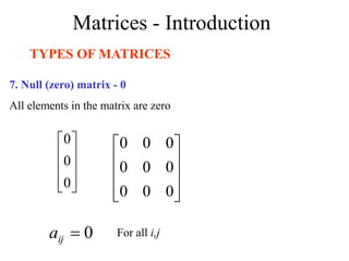 Matrices - Introduction
TYPES OF MATRICES
7. Null (zero) matrix - 0
All elements in the matrix are zero










0
0
0










0
0
0
0
0
0
0
0
0
0

ij
a For all i,j
 