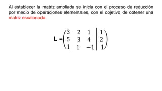 Al establecer la matriz ampliada se inicia con el proceso de reducción
por medio de operaciones elementales, con el objetivo de obtener una
matriz escalonada.
L =
3 2 1 1
5 3 4 2
1 1 −1 1
 