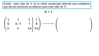 K = 1
Evalúo cada valor de “k” en la matriz escalonada obtenida para establecer
que tipo de soluciones se obtienen para cada valor de “k”.
0 k -1 1 4
1 1 1 1
0 0 2-k 5-k
 