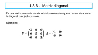 1.3.6 - Matriz diagonal
Es una matriz cuadrada donde todos los elementos que no están situados en
la diagonal principal son nulos.
𝐵 =
3 0 0
0 5 0
0 0 5
; 𝐴 =
1 0
0 9
Ejemplos:
 